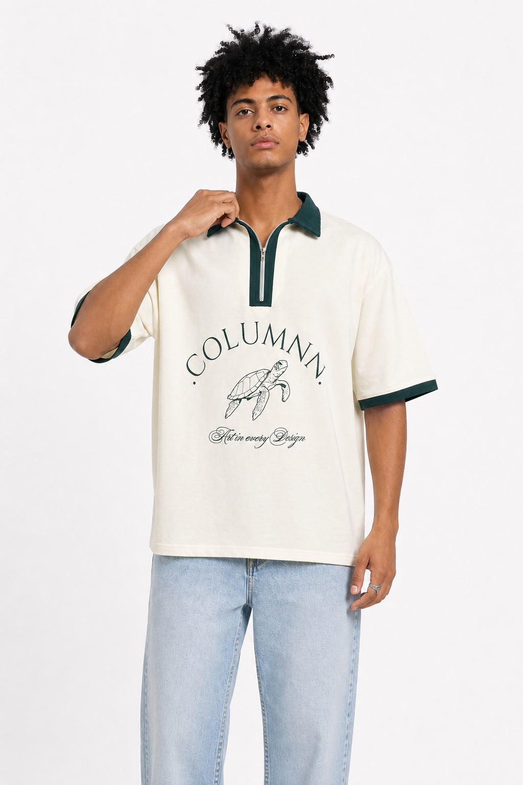 COLUMNN OFF-WHITE-GREEN Signature Zip Polo.