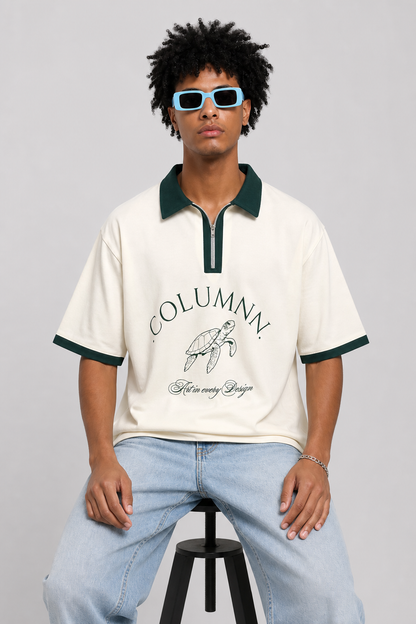 COLUMNN OFF-WHITE-GREEN Signature Zip Polo.
