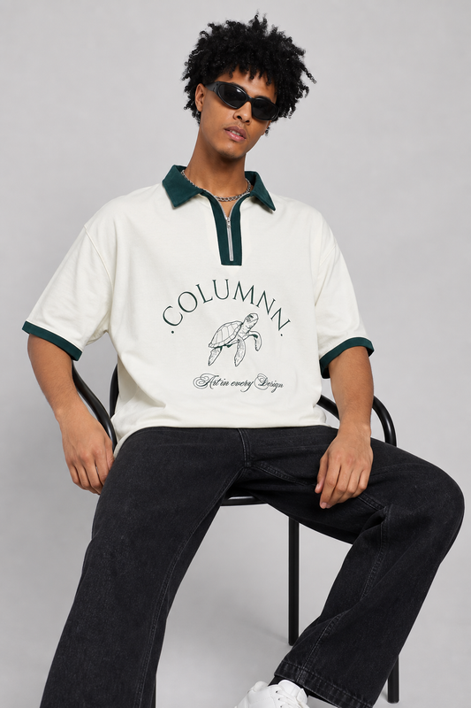 COLUMNN OFF-WHITE-GREEN Signature Zip Polo.