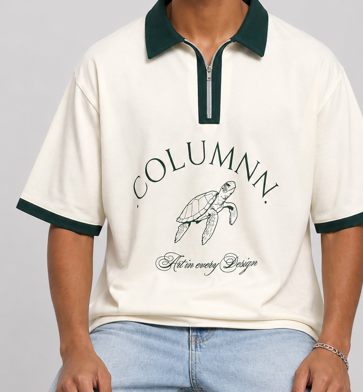 COLUMNN OFF-WHITE-GREEN Signature Zip Polo.
