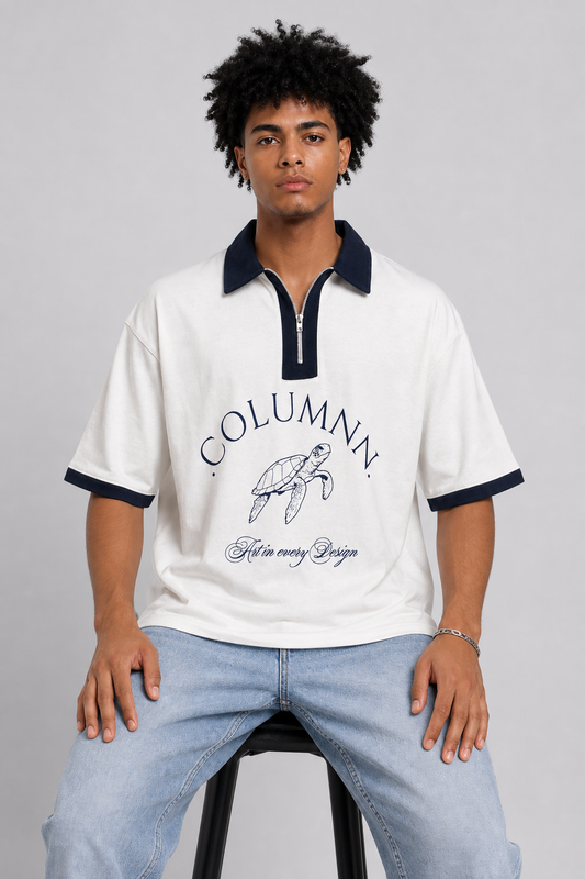 COLUMNN WHITE-NAVY Signature Zip Polo.
