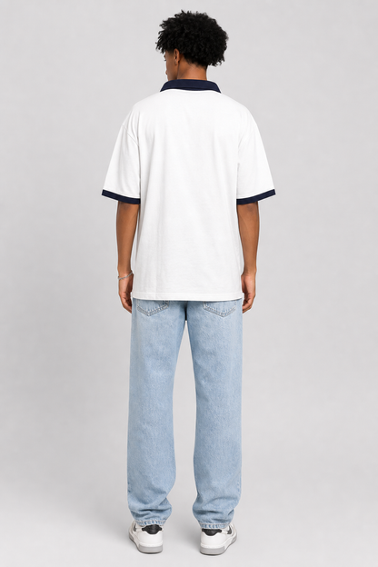 COLUMNN WHITE-NAVY Signature Zip Polo.