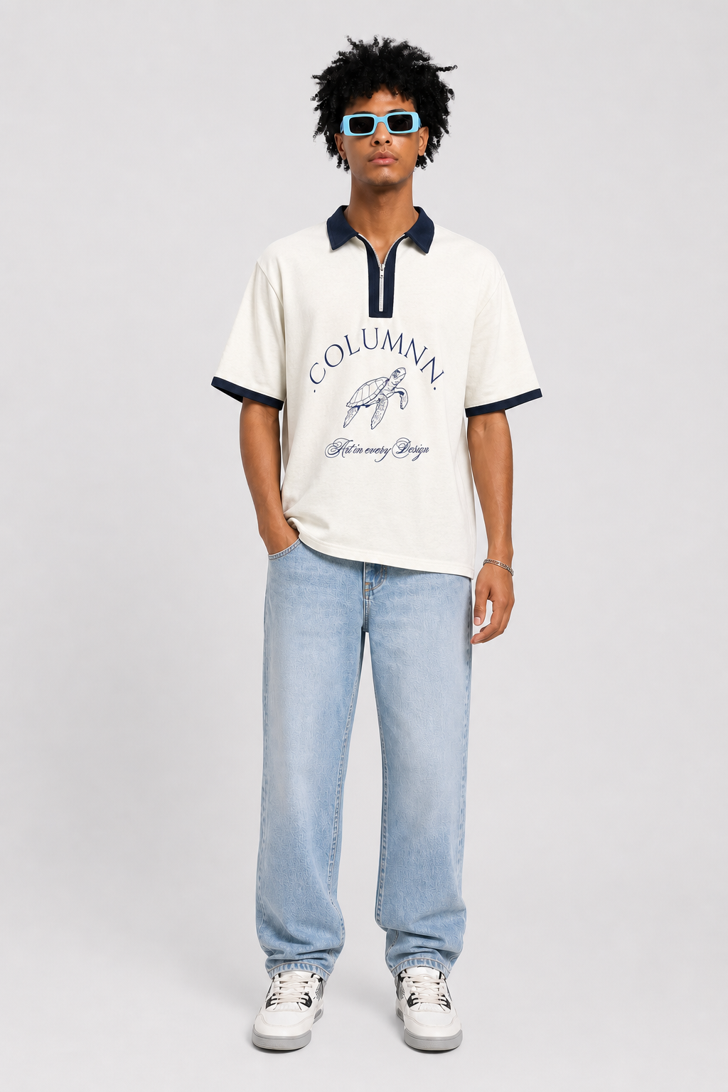 COLUMNN WHITE-NAVY Signature Zip Polo.