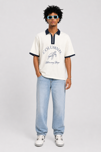 COLUMNN WHITE-NAVY Signature Zip Polo.