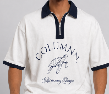COLUMNN WHITE-NAVY Signature Zip Polo.